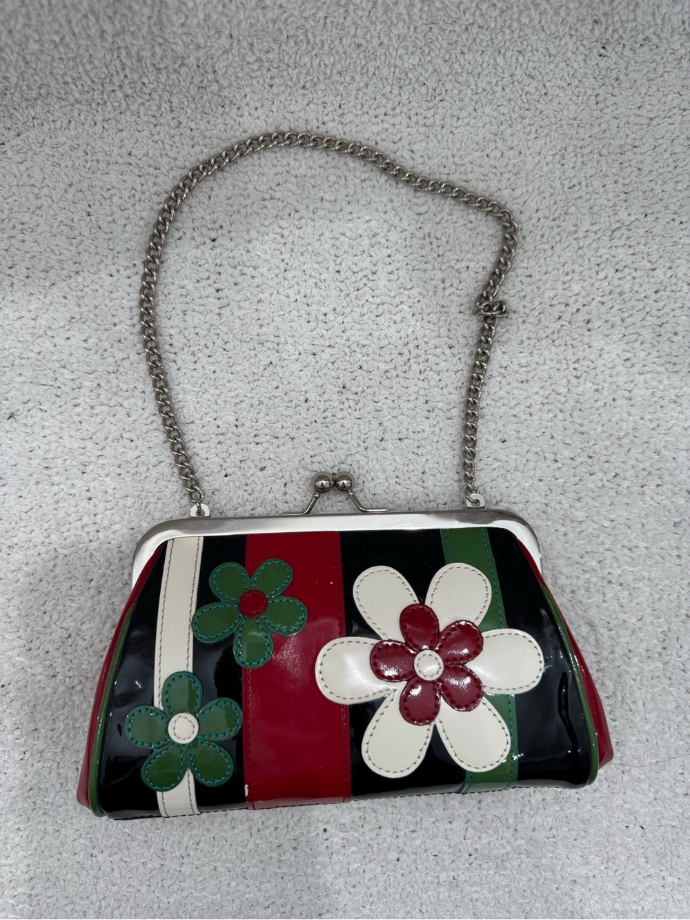 Isabella Fiore Black Red Green White Patent Floral Kiss-Lock Chain Clutch